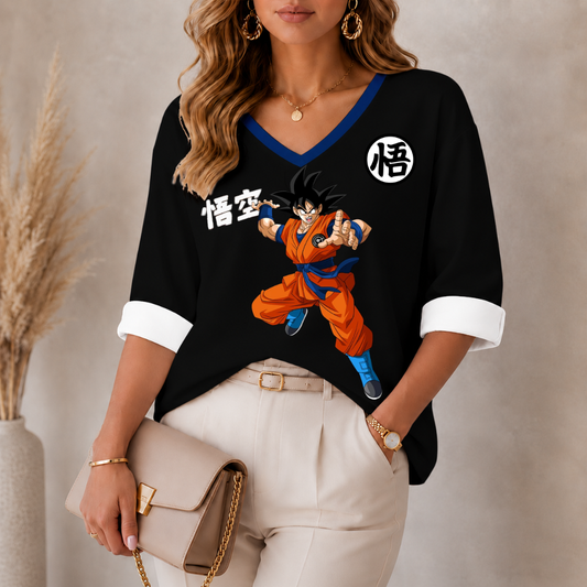 LIMITED EDITION - NEW CUSTOMIZED GOKU CLASSIC HERO WOMEN'S HEART V-NECK LONG SLEEVE SHIRT 06